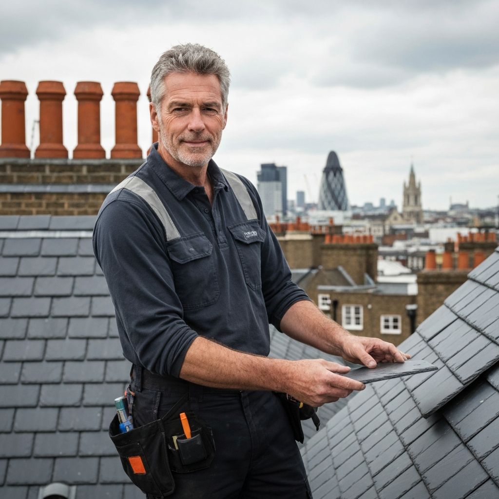 Arthur Sterling, Master Roofer and Lead Specialist, inspecting slate tiles on a London property